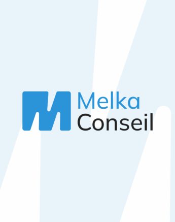 Logo de Melka Conseil représentant un « M » bleu vif sur un fond clair, accompagné de formes abstraites blanches. Le mot « Melka » est écrit en bleu et « Conseil » en noir, à droite du logo.